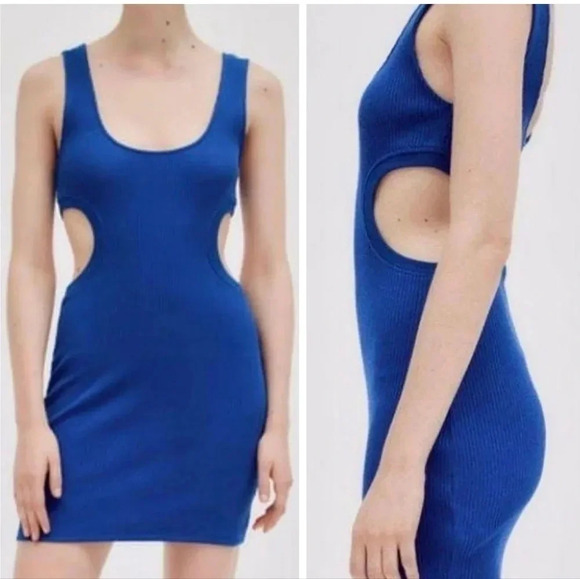 NWT Zara Ribbed Stretchy Knit Bodycon Mini Dress w/ Side Cut-Outs in Blue. - Picture 1 of 7
